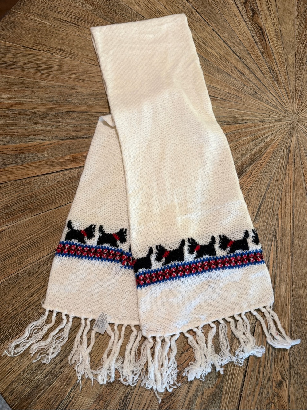 Vintage Scottie Dog Knit Scarf Made in USA Scottish Terrier Fringe 52” white red